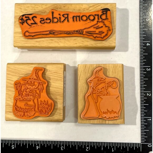 VERY RARE Canadian Maple Collections Halloween WITCHES BROOM Rubber Stamp Set - Picture 2 of 4